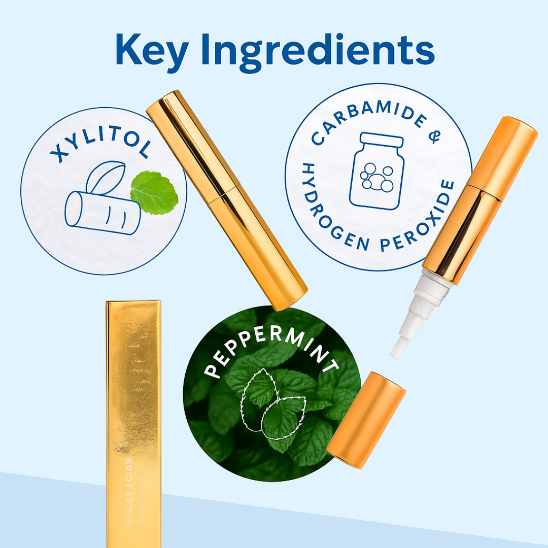 Key ingredients of a product with xylitol, carbamide, hydrogen peroxide, and peppermint on a light blue background.